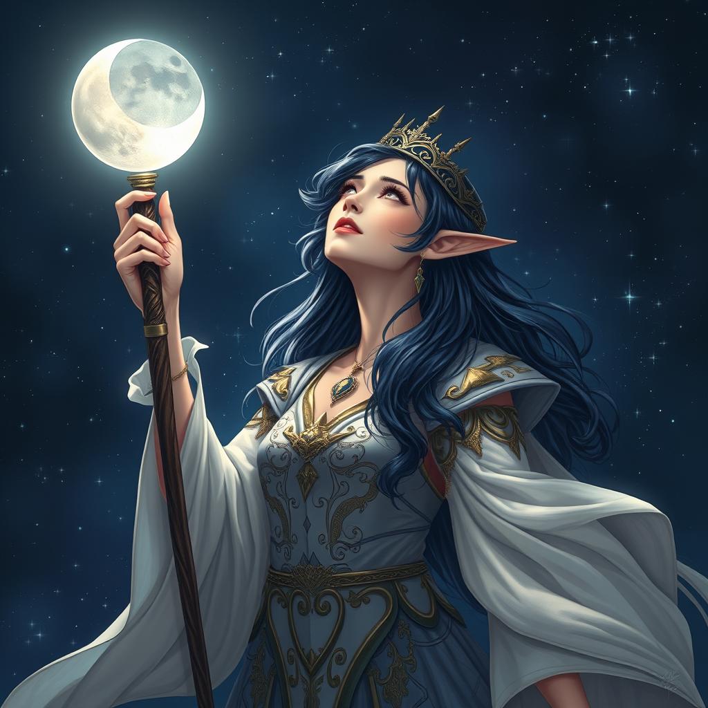 A female sun elf with dark hair interspersed with small stars holds a magical moon stick high in the air with one hand
