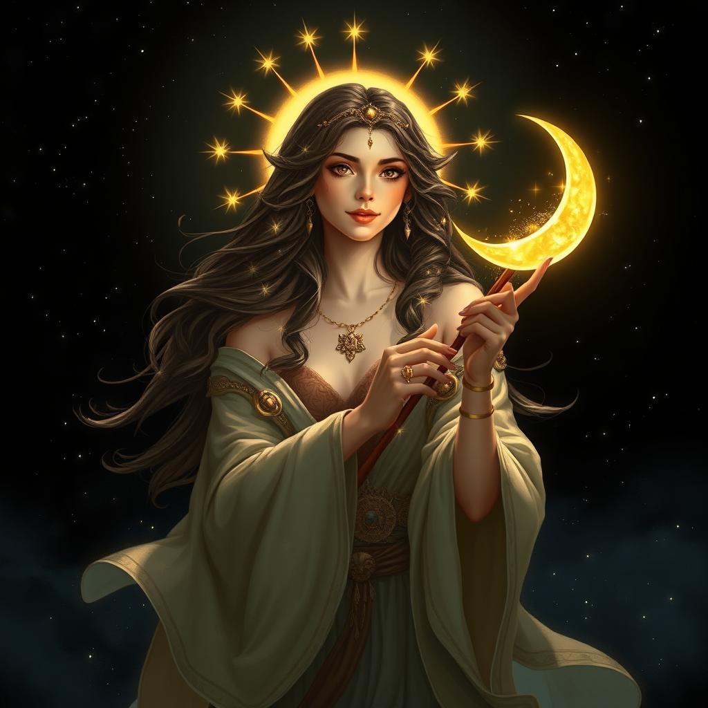 A wizard female sun elf radiating a goddess-like presence against a dark sky, her dark brown hair adorned with sparkling stars