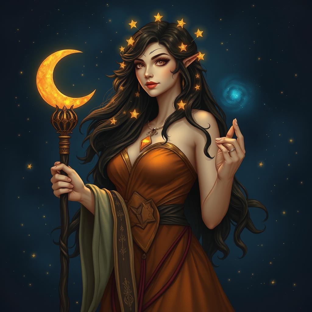 A wizard female sun elf, embodying a goddess-like presence, stands against a dark sky filled with deep shades of midnight blue