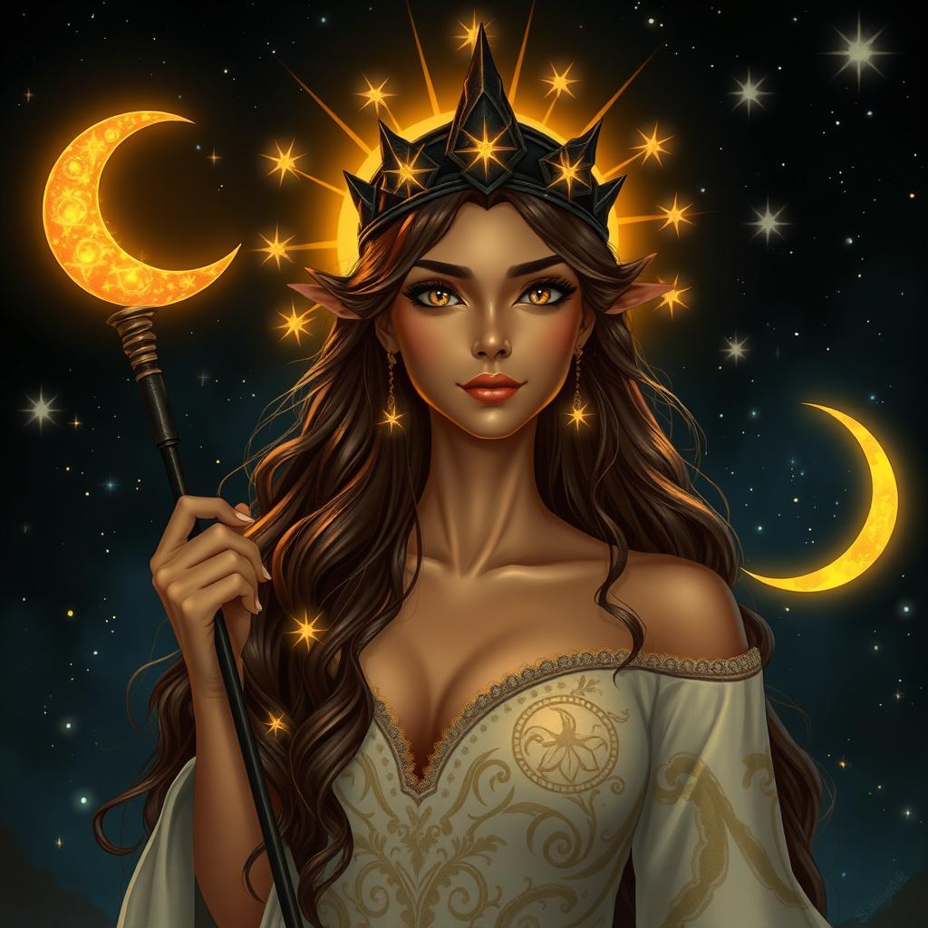 A wizard female sun elf, radiating a goddess-like aura against a dark sky, features dark brown hair adorned with shimmering stars