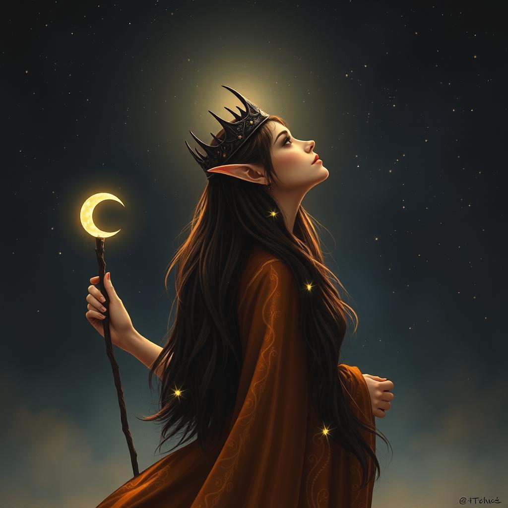 A wizard female sun elf, appearing like a goddess, stands with her back turned, gazing upward into the dark sky