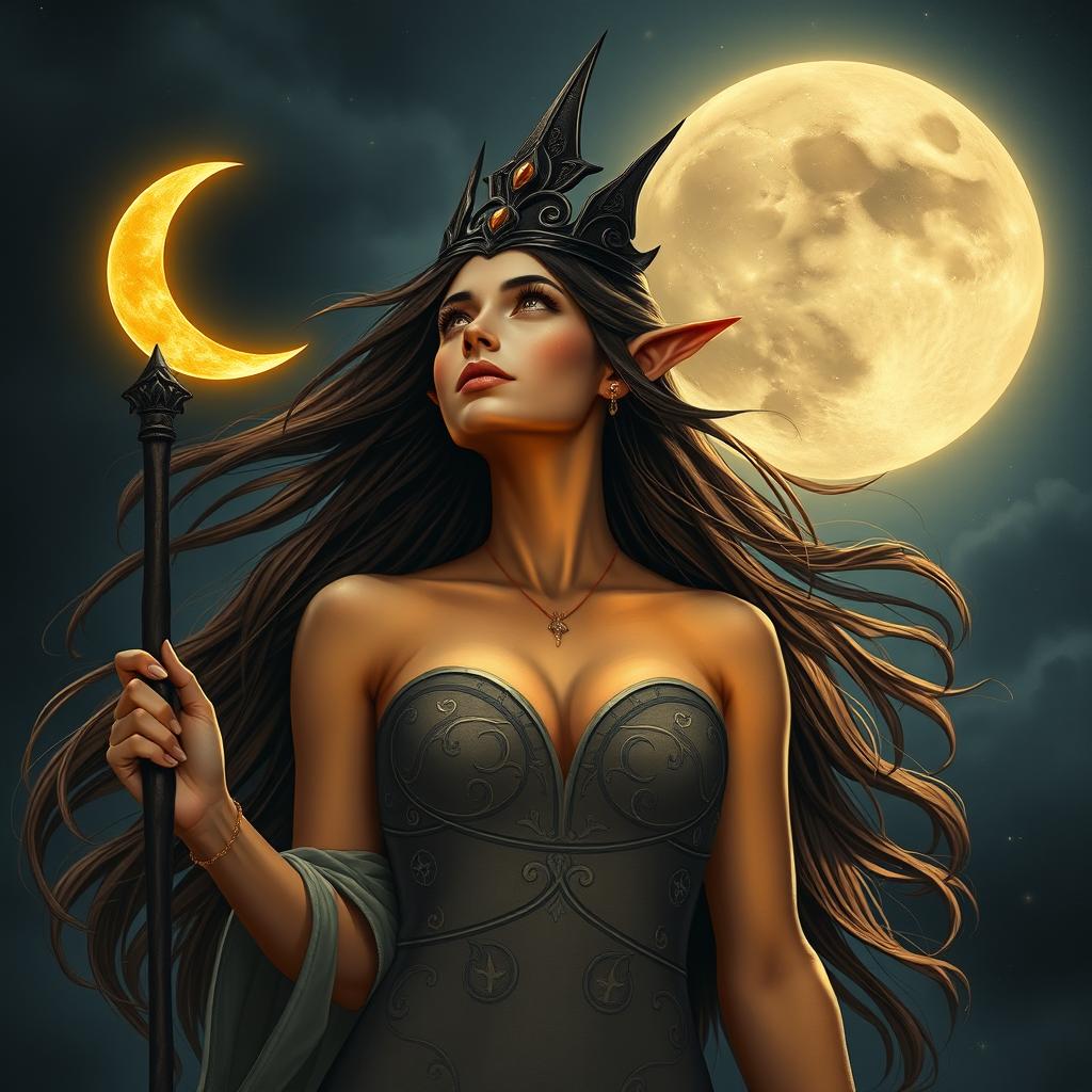 A wizard female sun elf, radiating a goddess-like elegance, stands beneath a dark sky, her dark brown hair flowing gracefully around her