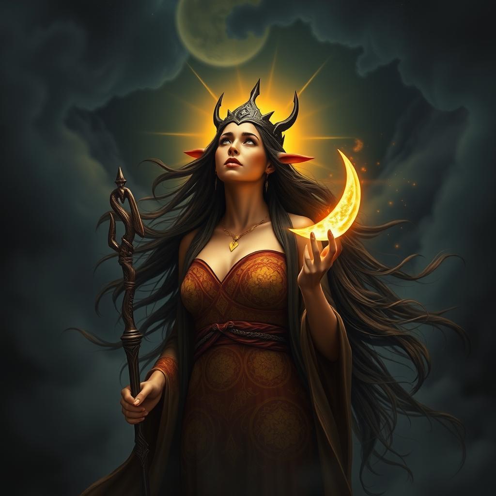A wizard female sun elf, embodying the essence of a goddess, stands beneath a dark sky filled with swirling mystical clouds