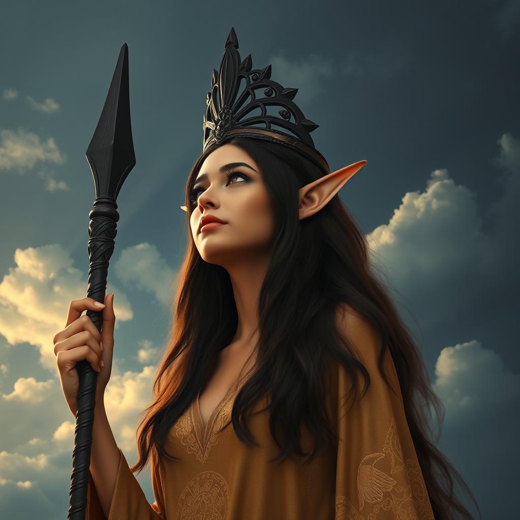A wizard female sun elf, resembling a goddess, stands against a dark mystical sky filled with ethereal clouds
