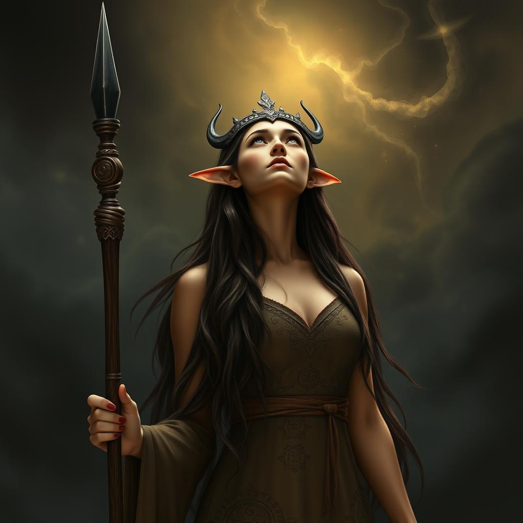 A wizard female sun elf, exuding the grace of a goddess, stands against a dark mystical sky filled with swirling shadows and ethereal wisps