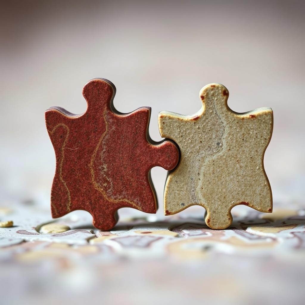 A close-up view of two unique puzzle pieces coming together, showcasing their jagged edges and textured surfaces to symbolize the beauty of imperfect connections