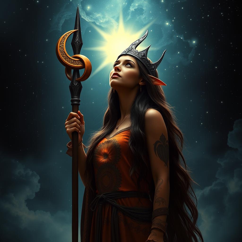A wizard female sun elf, radiating the allure of a goddess, stands against a captivating dark sky filled with mystical energy