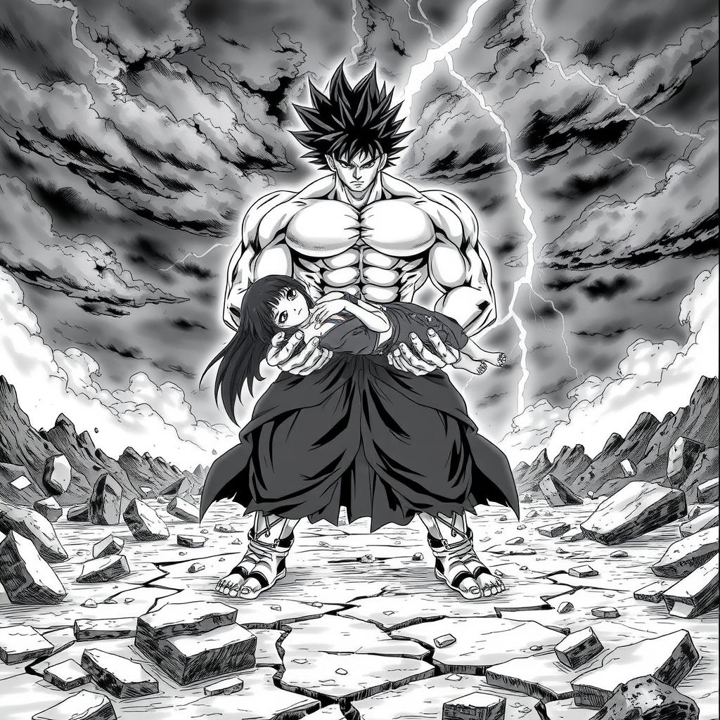 Broly in manga style, standing in the center of a destroyed landscape after an intense battle