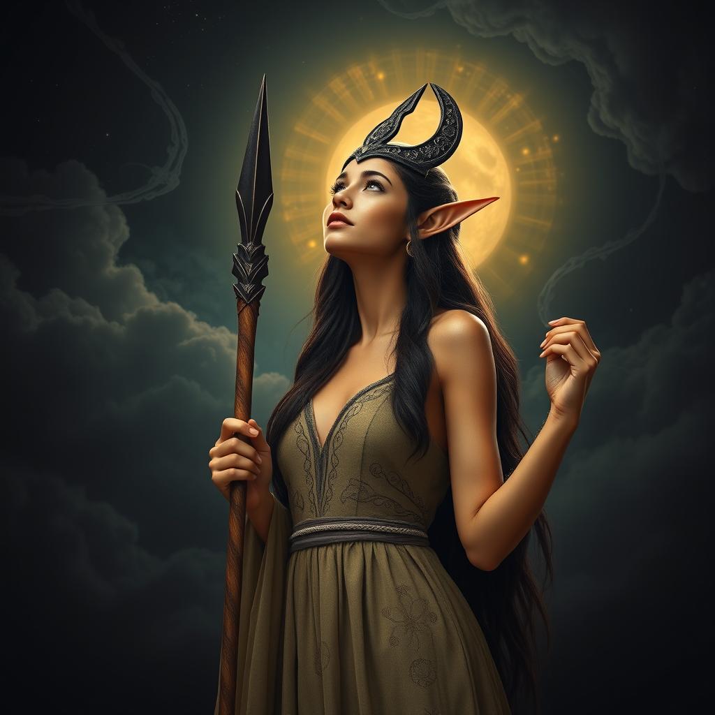 A wizard female sun elf, embodying the essence of a goddess, stands gracefully against a dark celestial sky filled with enigmatic swirling clouds