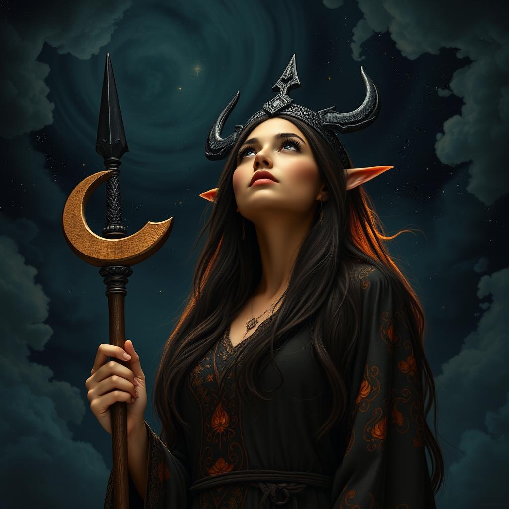 A wizard female sun elf, embodying the essence of a goddess, stands against a captivating dark sky filled with swirling clouds and shimmering stars