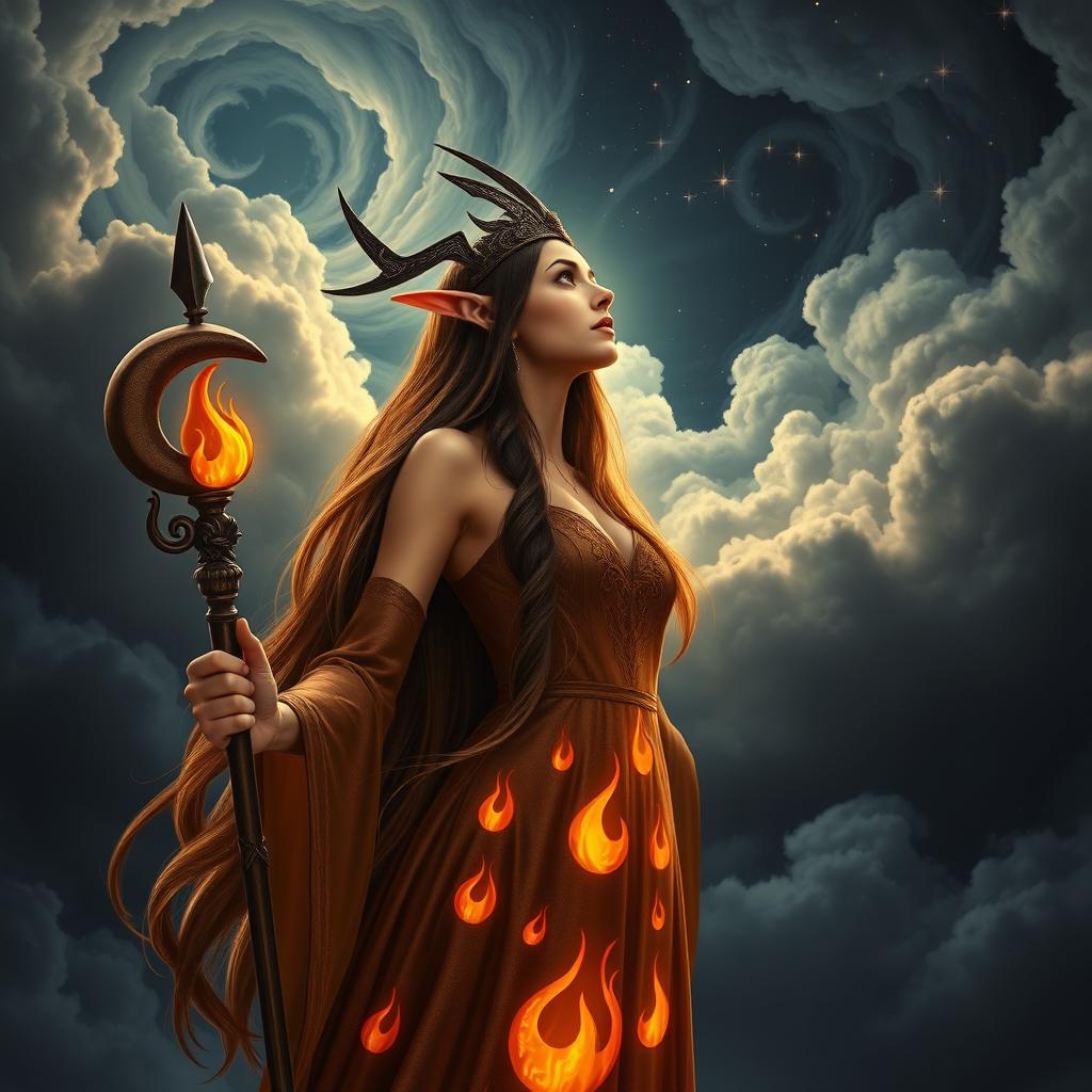 A wizard female sun elf, exuding the grace and majesty of a goddess, stands poised against a stunning dark sky filled with swirling clouds and glimmering stars