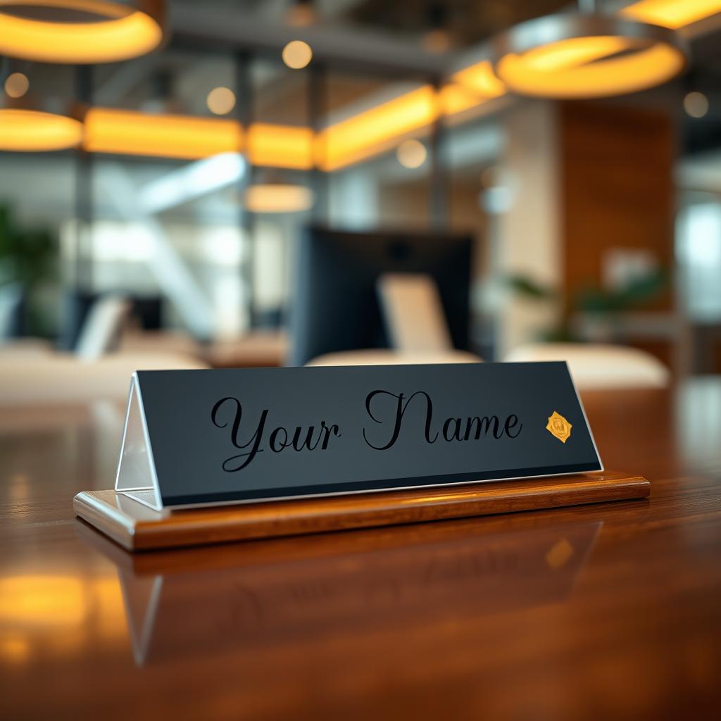 A close-up image of a stylish nameplate on a polished wooden desk, with a blurred background featuring a modern office environment