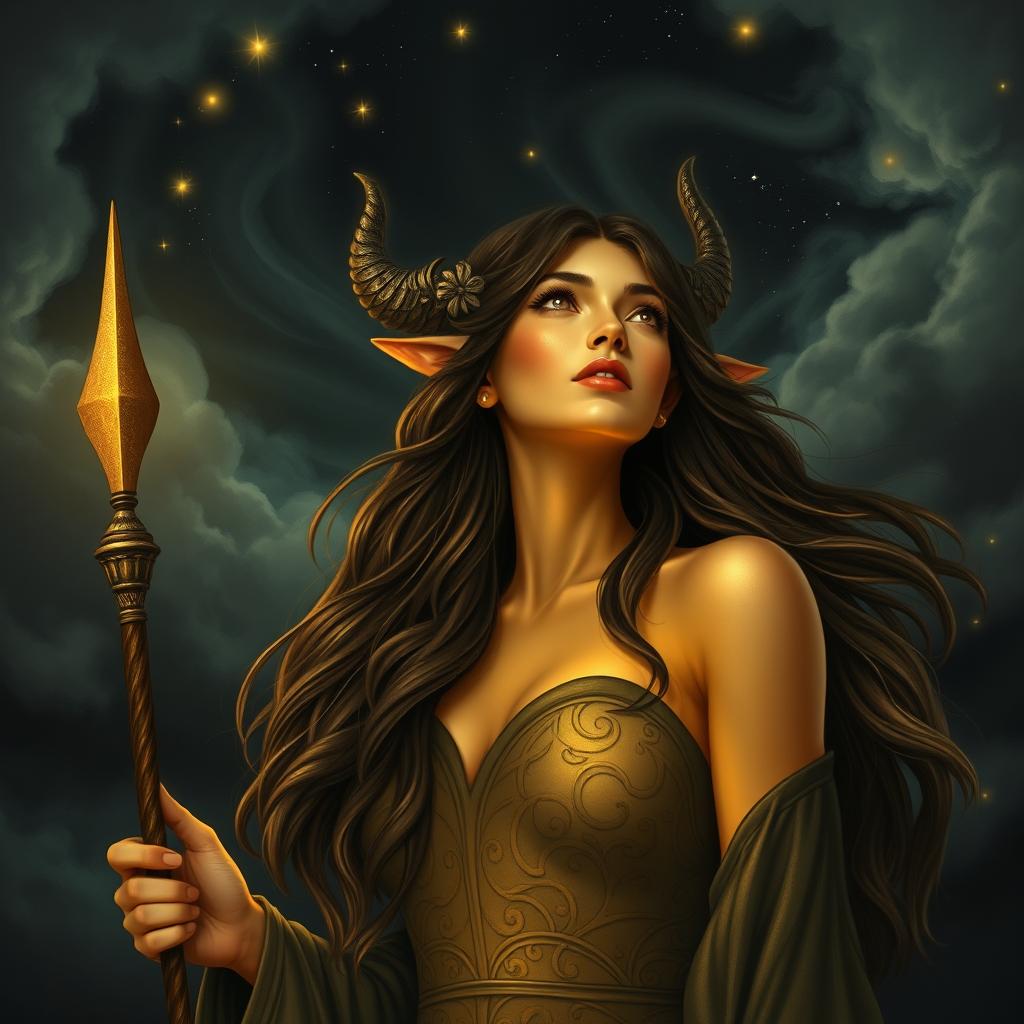 A wizard female sun elf, radiating the aura of a goddess, stands majestically against a dramatic dark sky filled with swirling clouds and twinkling stars