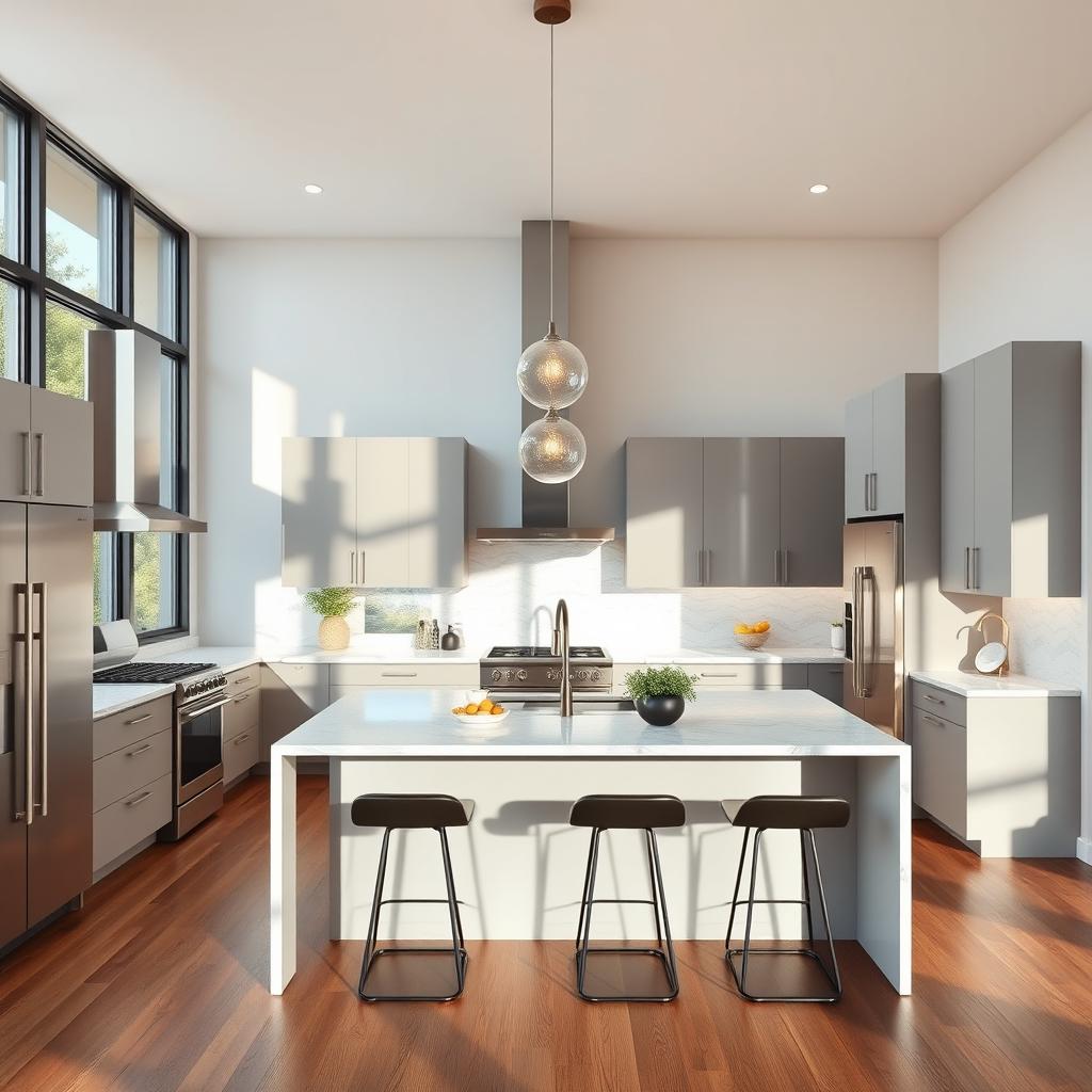 A beautiful and modern kitchen design featuring sleek cabinetry, a large central island with bar stools, quartz countertops, and stainless steel appliances