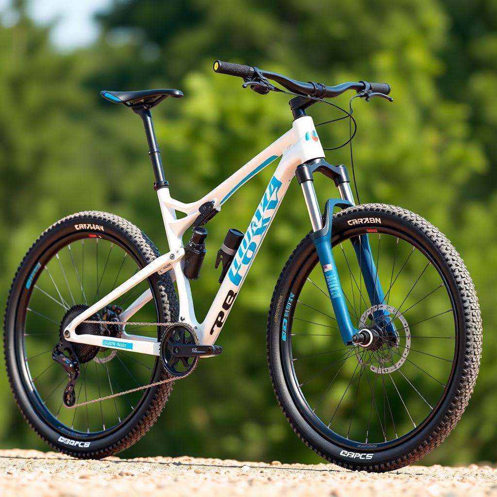 A hyper-realistic 3D render of a Mondraker Foxy Carbon R mountain bike, featuring a sleek white and blue color scheme