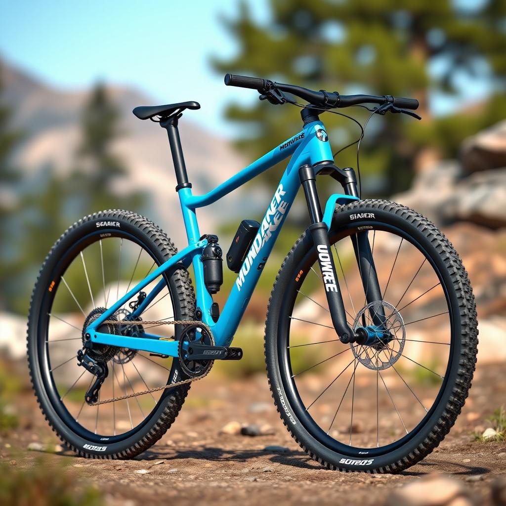 A hyper-realistic 3D render of a Mondraker Foxy Carbon R mountain bike, featuring a striking blue color with subtle white accents