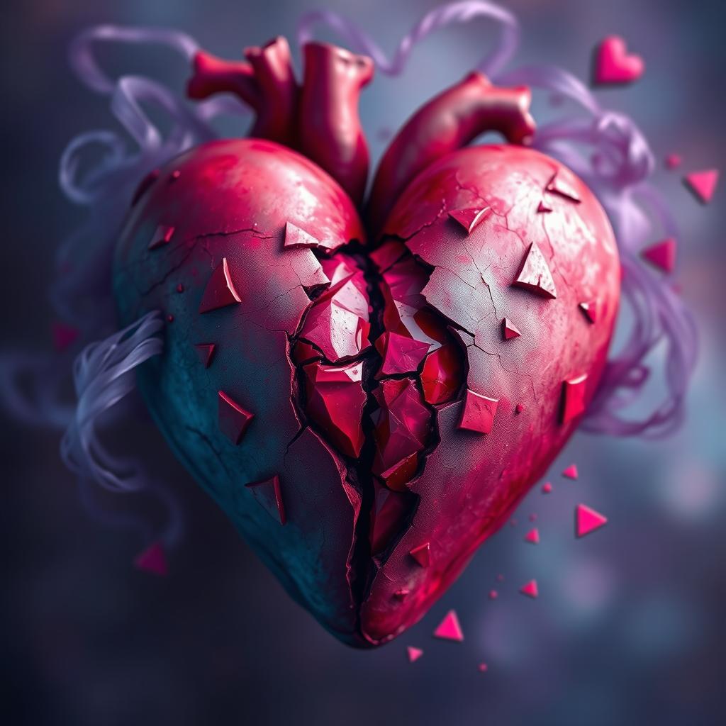 A striking depiction of a broken heart, artistically rendered in a vibrant and emotional style