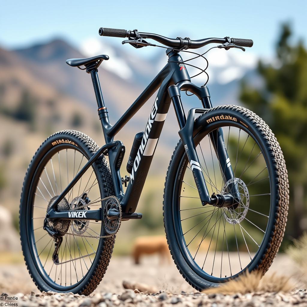 A hyper-realistic 3D render of a Mondraker Foxy Carbon R mountain bike, featuring a deep navy blue color with striking white accents