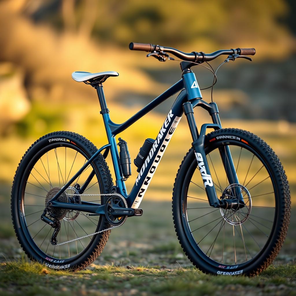 A hyper-realistic 3D model of a Mondraker Foxy Carbon R mountain bike featuring a deep metallic blue finish with white accents