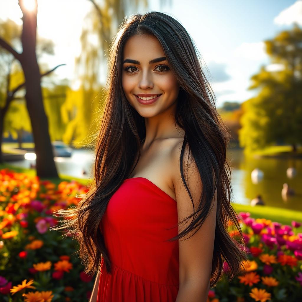 A stunning young woman with long flowing dark hair, wearing a vibrant red dress that gently sways in the breeze