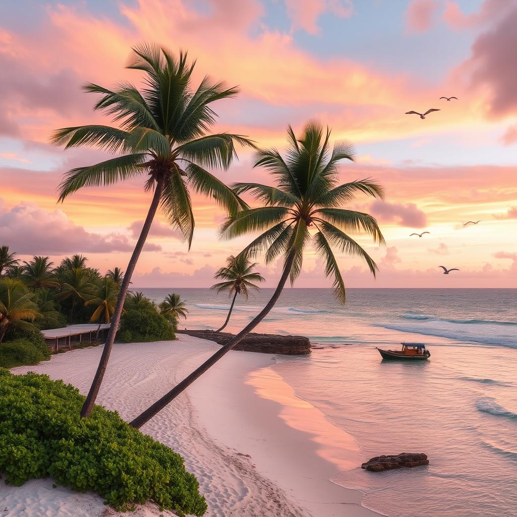 Un hermoso paisaje tropical al atardecer, con palmeras meciéndose suavemente, playas de arena blanca y un océano cristalino