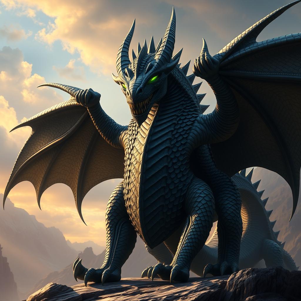 A towering 10-foot-tall dragonborn creature with obsidian scales that glisten in the light