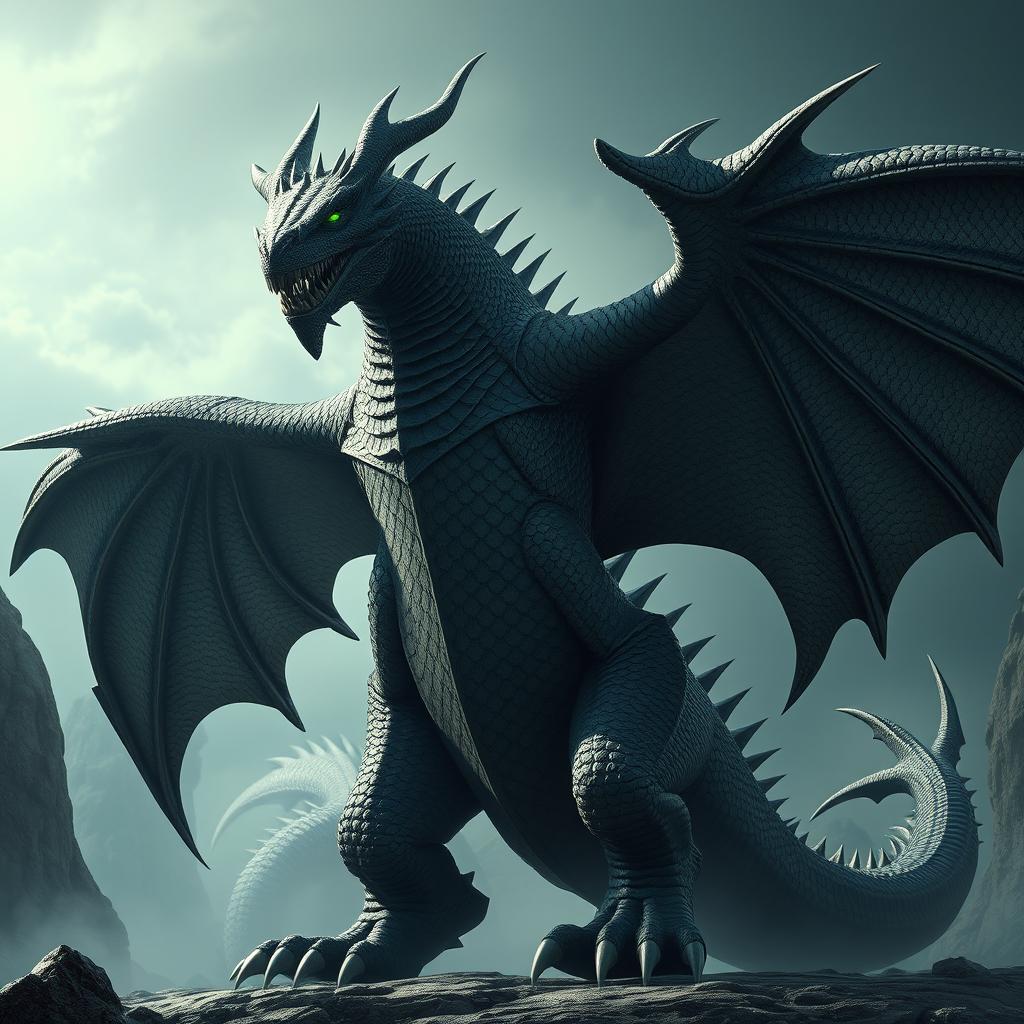 A towering 10-foot-tall dragon-man, featuring obsidian scales that shimmer in the light