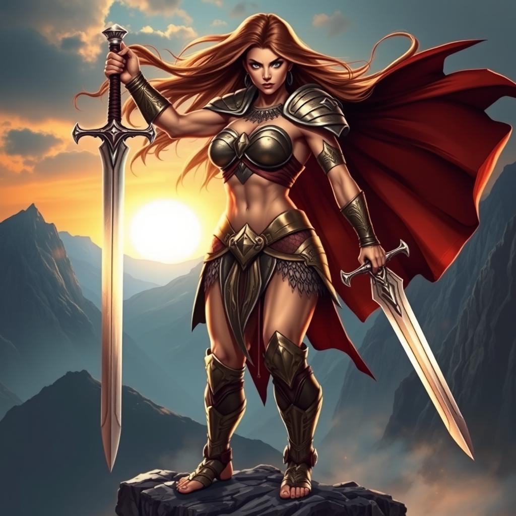 A powerful warrior woman standing tall in a dynamic pose, showcasing her strength and confidence