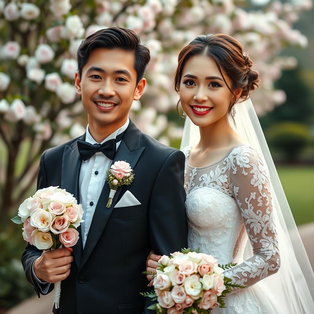 A beautiful wedding scene featuring a couple dressed in elegant wedding attire, with the bride in a stunning white gown embellished with lace and the groom in a classic black suit with a white shirt and black bow tie