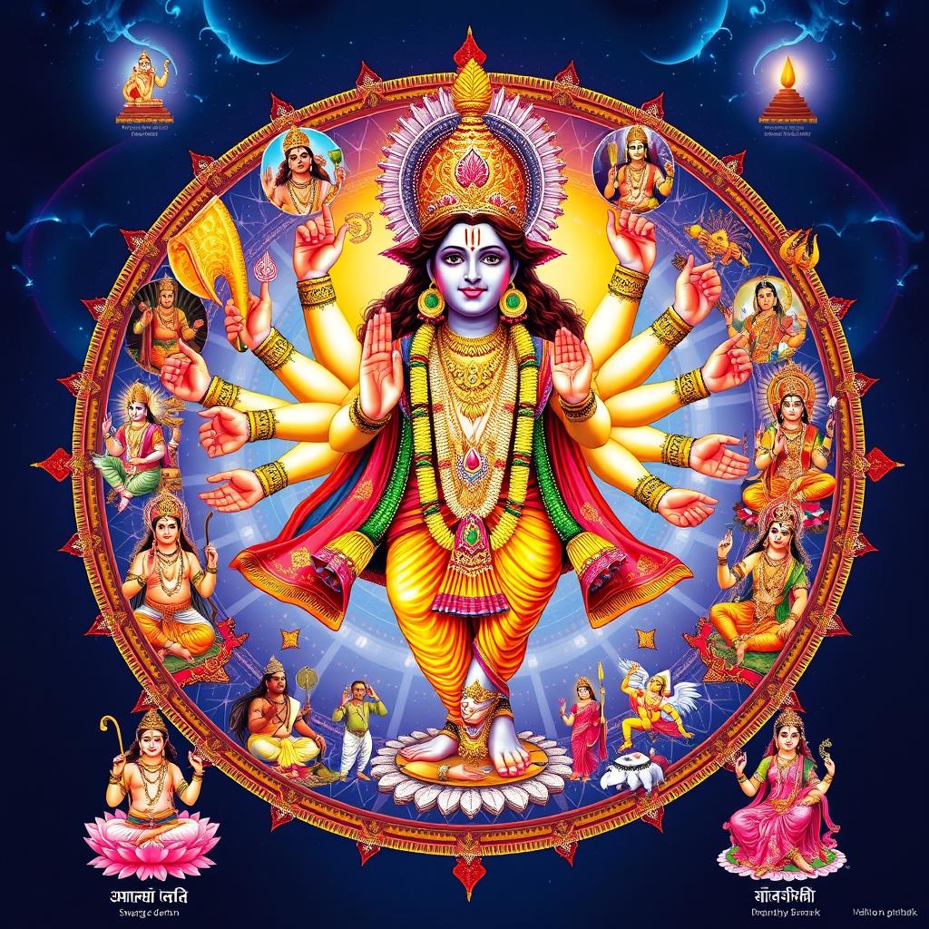 A grand illustration of Shri Krishna in his Viraat Swarup, featuring multiple faces and numerous arms holding various divine symbols such as shankh (conch), gada (mace), dhanush (bow), trishul (trident), and ved (sacred texts)