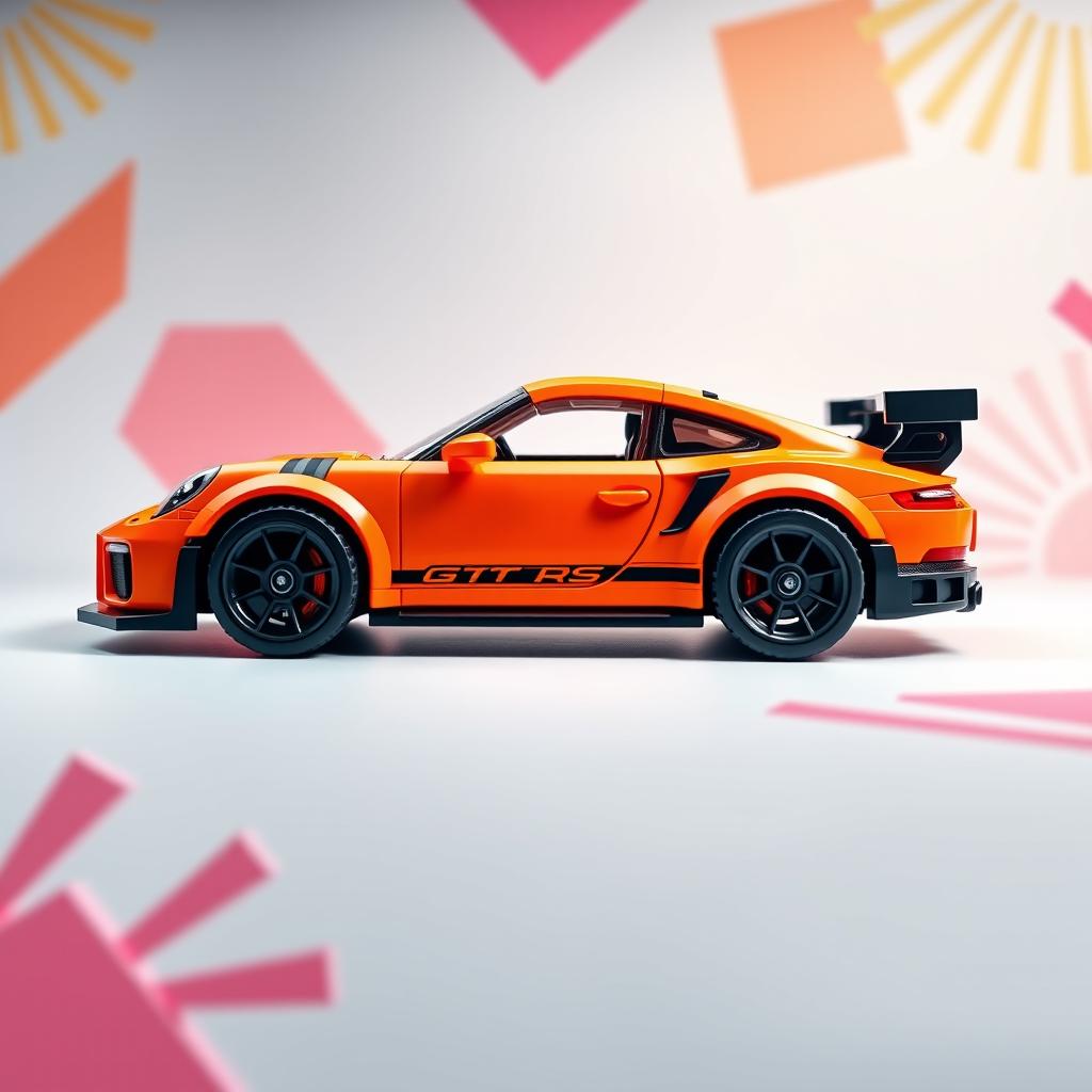 An artistic display background for a LEGO model of a Porsche 911 GT3 RS, featuring a vibrant and dynamic setting