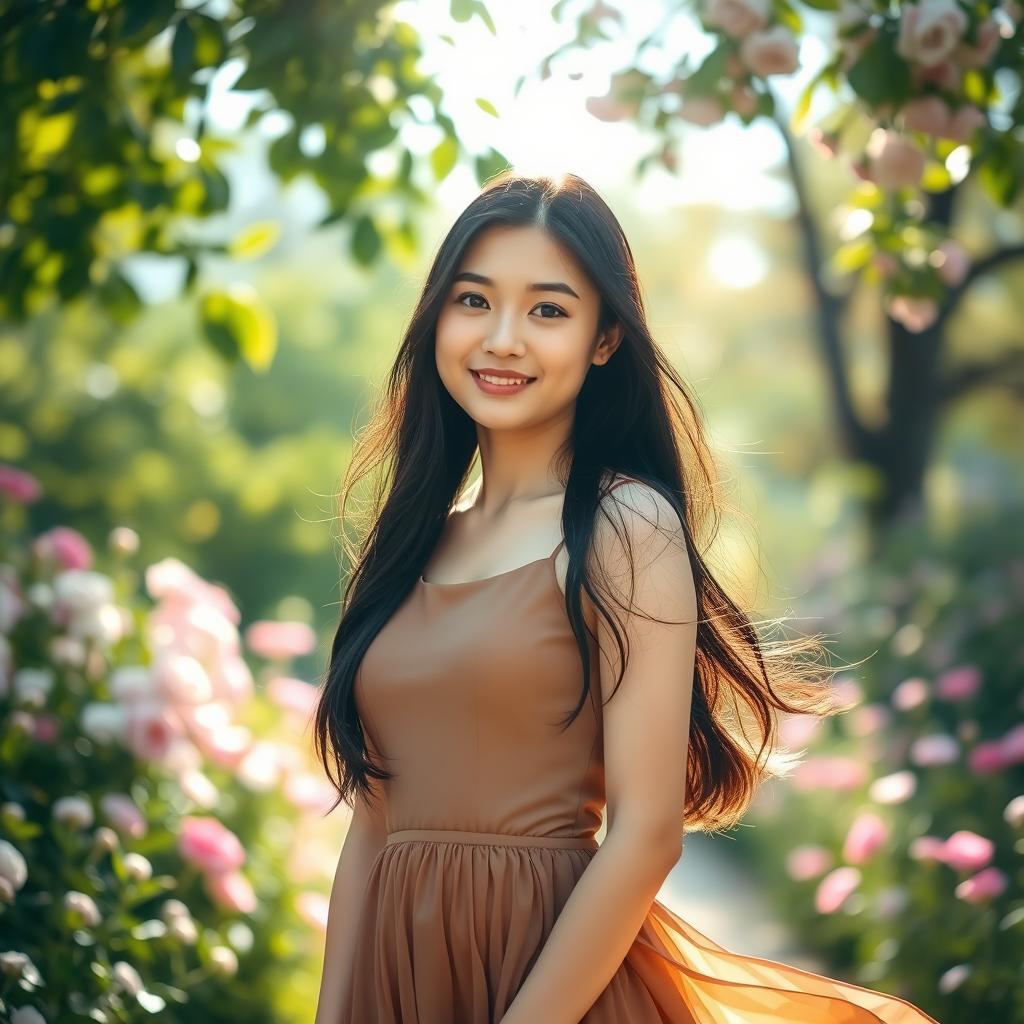 A pretty young woman with long, flowing black hair, wearing an elegant light brown dress