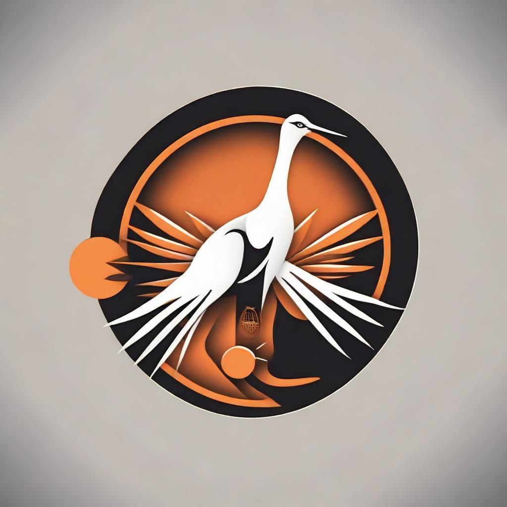 Create a unified logo that seamlessly combines a crane (bird) and elements of badminton, such as a racket or shuttlecock, to form a harmonious design.