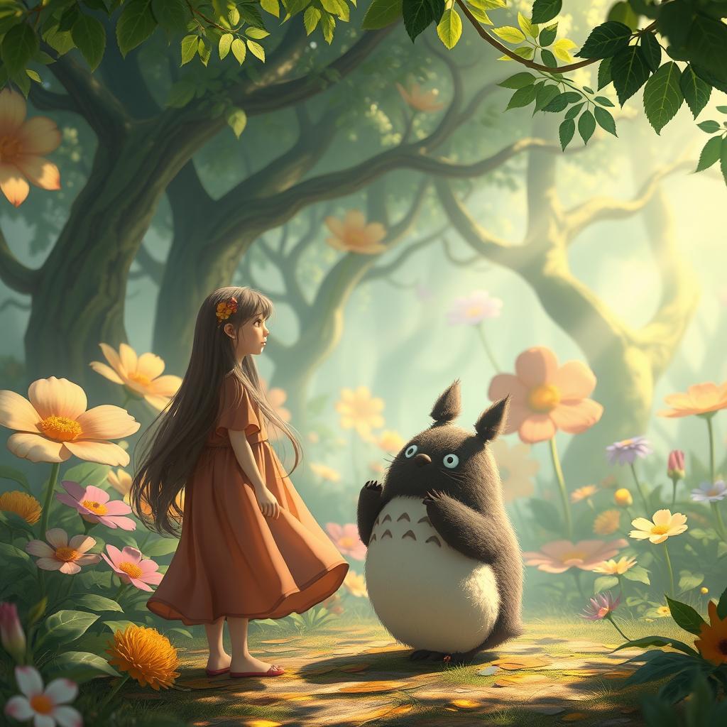 A whimsical scene inspired by Studio Ghibli's enchanting style, depicting a lush forest filled with vibrant, oversized flowers and magical creatures