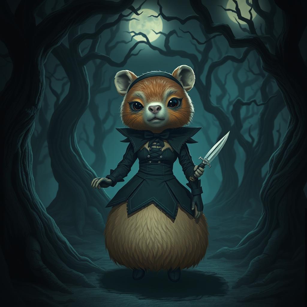 A surreal and imaginative scene featuring a capybara girl, a humanoid character with characteristic capybara features, such as rounded body and soft fur, dressed in a gothic, edgy outfit