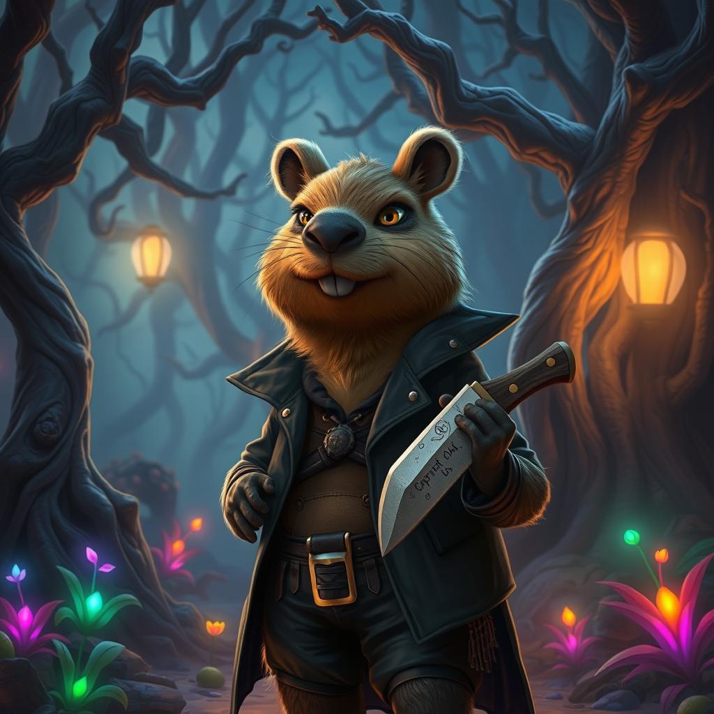 A surreal and whimsical scene depicting a capybara girl, a character that combines human and capybara traits, featuring the soft fur and rounded body of a capybara