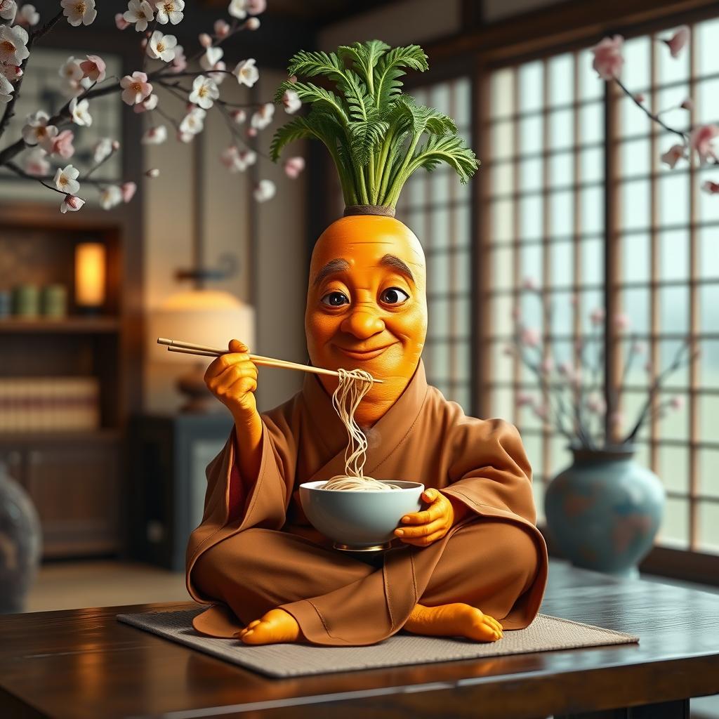 A humorous and surreal image of a realistic carrot character with arms and legs, depicted as a wise Sensei