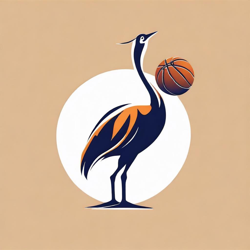 Design a symbiotic logo incorporating a crane (bird) and a basketball meshed together cohesively to represent sports and nature.