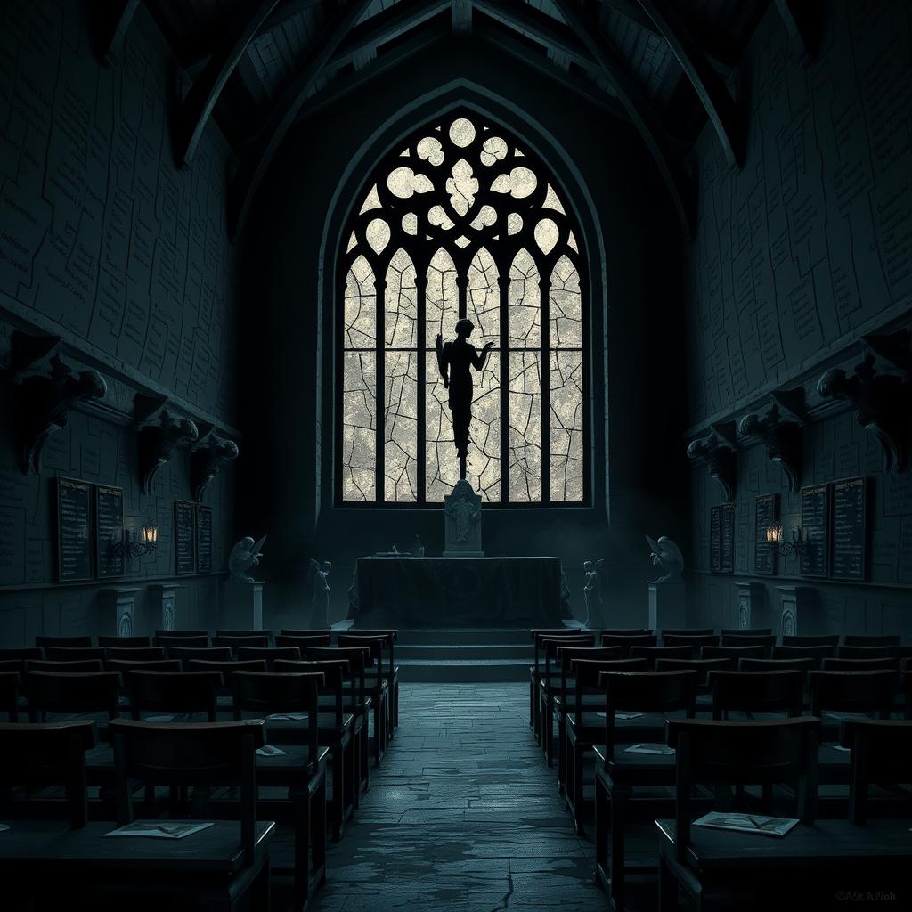 A dark and atmospheric illustration of a chapel-like classroom shrouded in darkness, designed for a Dungeons & Dragons setting