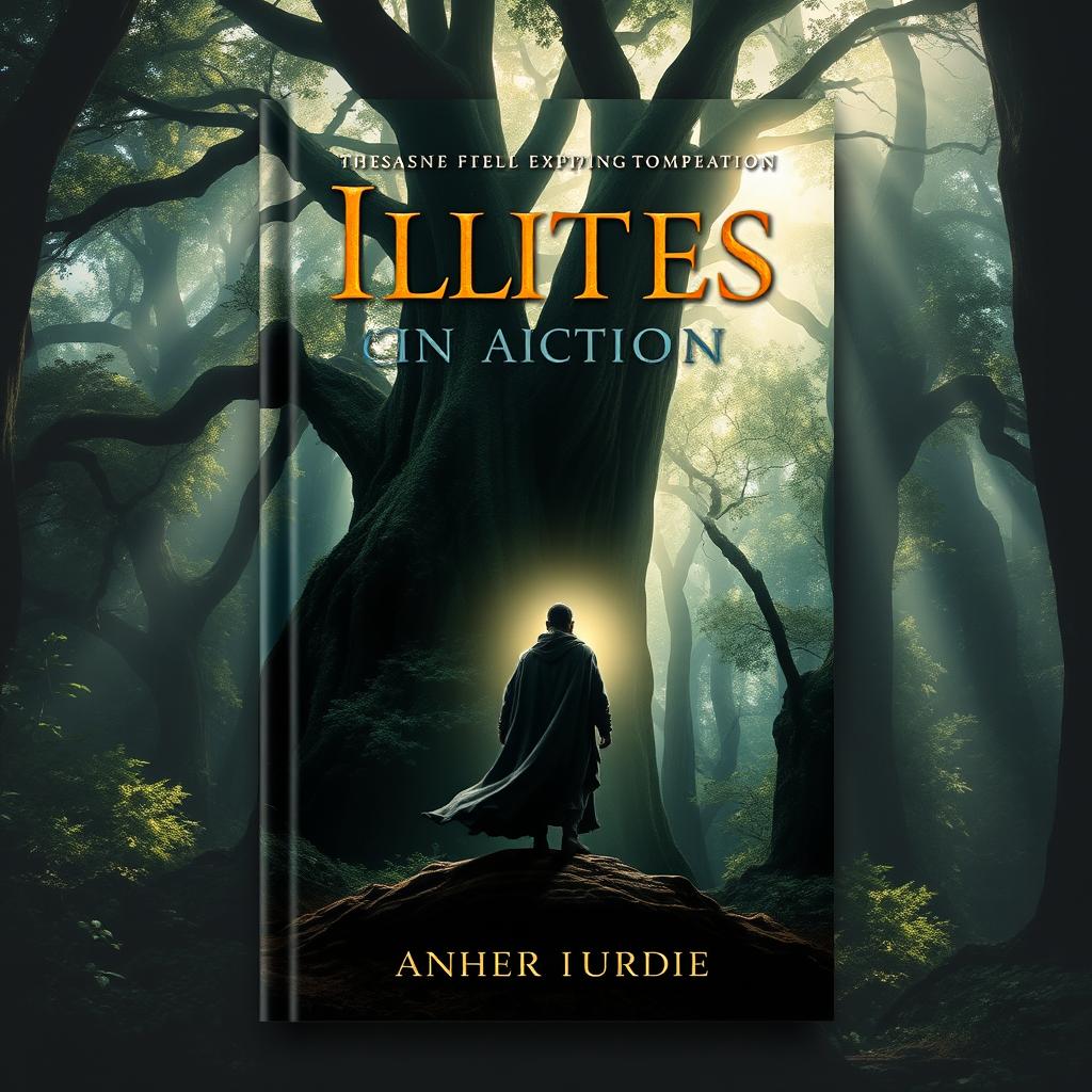 A captivating and intriguing book cover design featuring a mystical forest background with towering ancient trees and soft, dappled sunlight filtering through the leaves