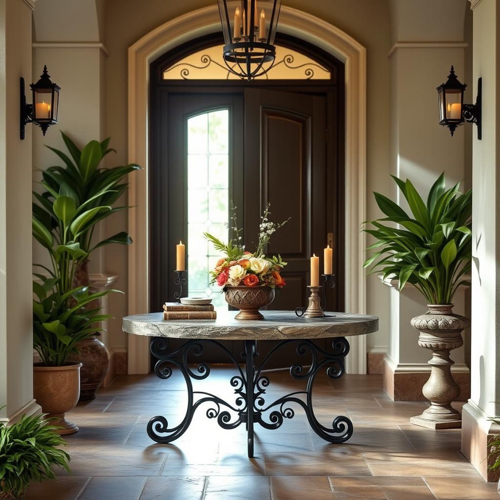 A beautiful home entrance featuring a unique iron stone table as the focal point
