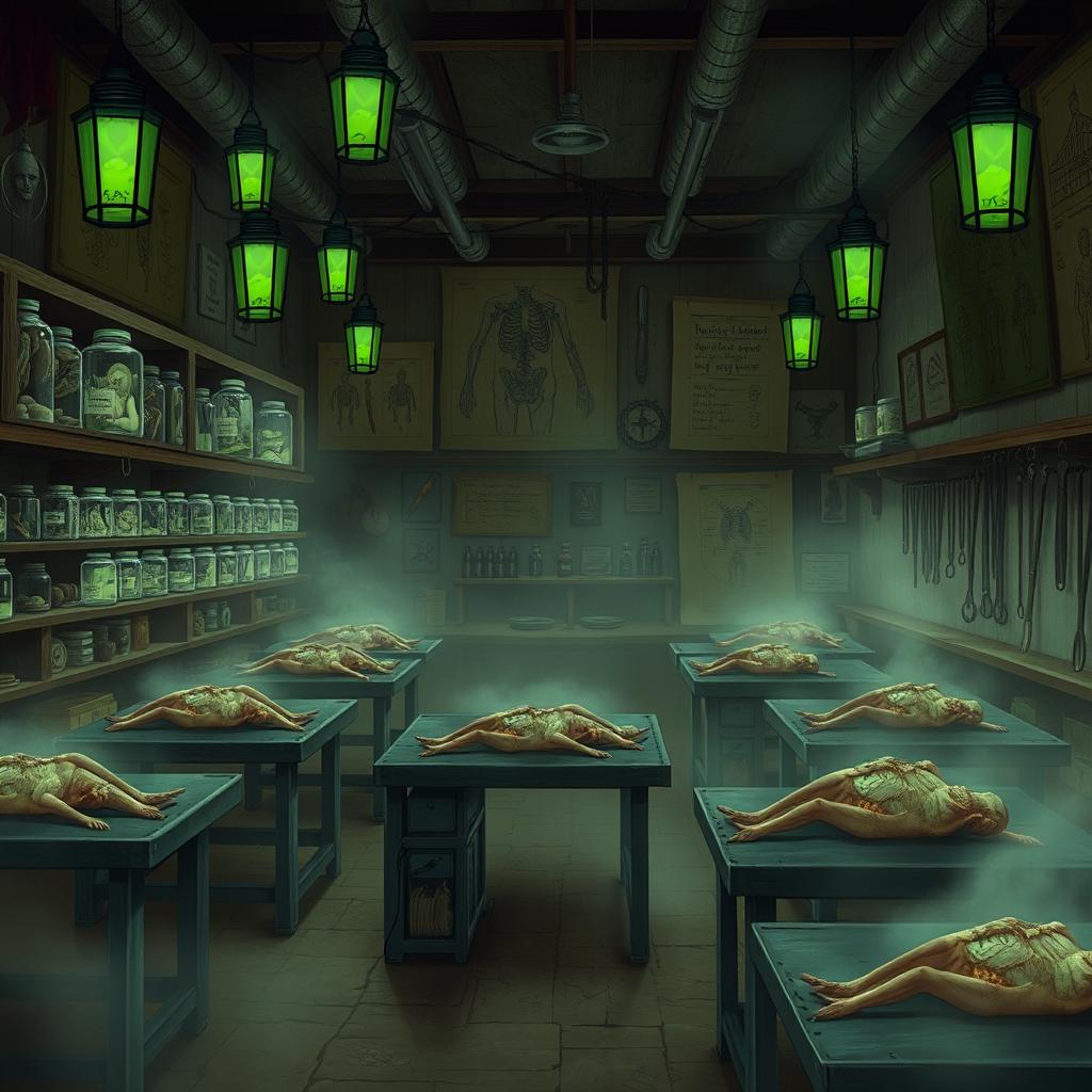 A grotesque and atmospheric illustration of a dissecting hall designed as a Dungeons & Dragons classroom