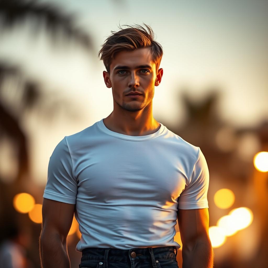 A handsome man standing confidently at the center under the soft glow of golden hour light