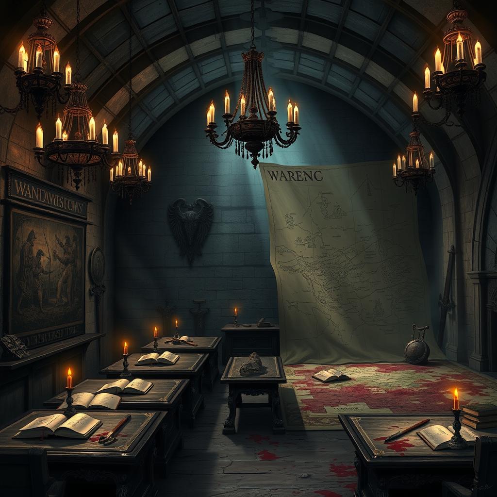 A gothic and atmospheric illustration of a vaulted stone classroom that serves as a noble war chamber in a Dungeons & Dragons setting
