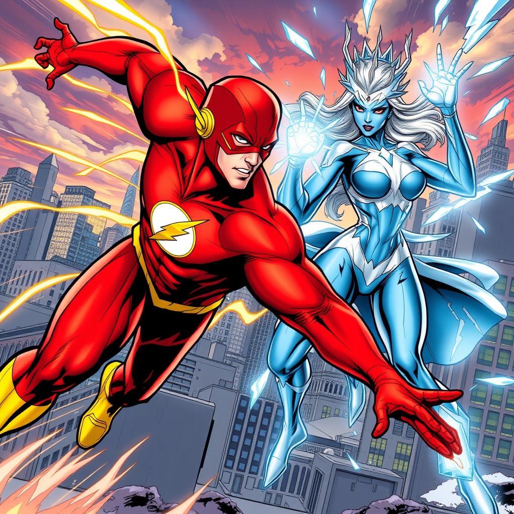 An intense comic book style showdown between The Flash and Killer Frost in a vibrant cityscape