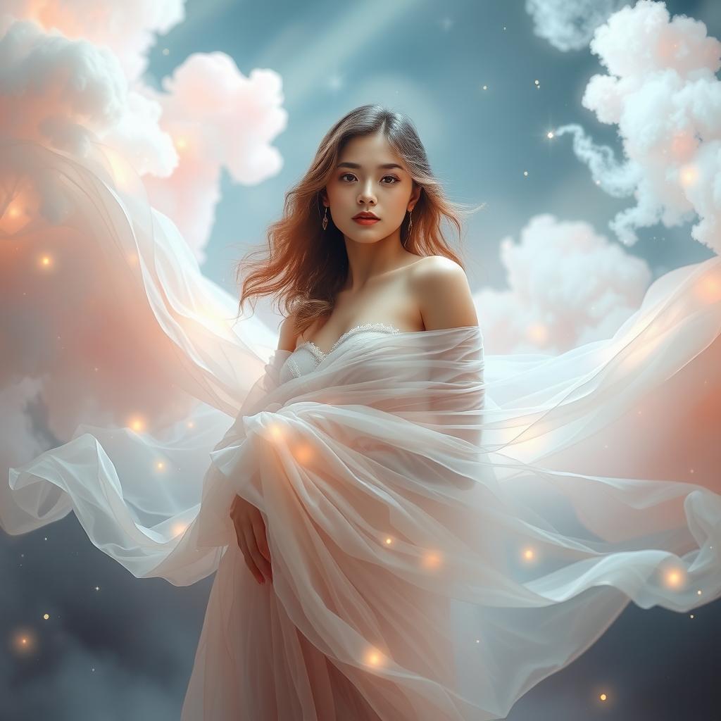 A stunning ethereal scene featuring a graceful figure draped in delicate, flowing fabrics that seem to float around her