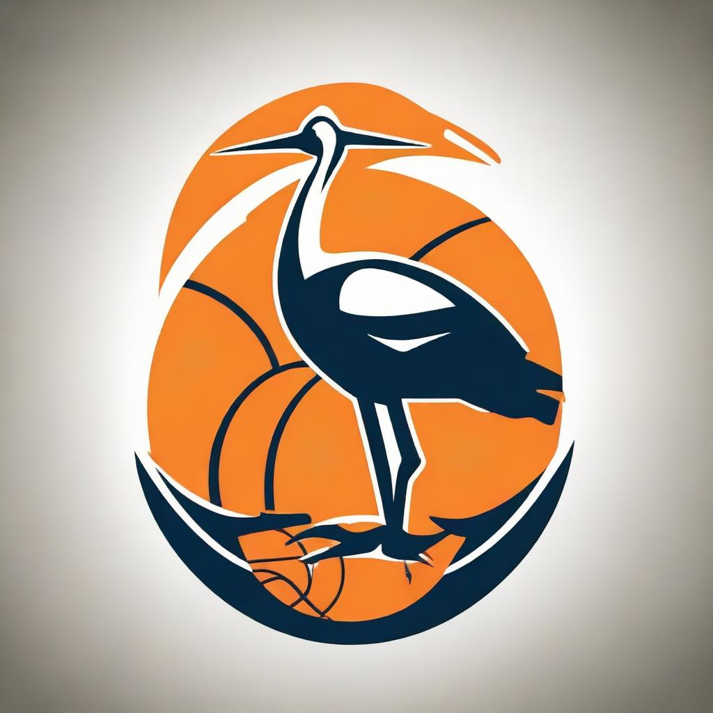 Design a symbiotic logo incorporating a crane (bird) and a basketball meshed together cohesively to represent sports and nature.