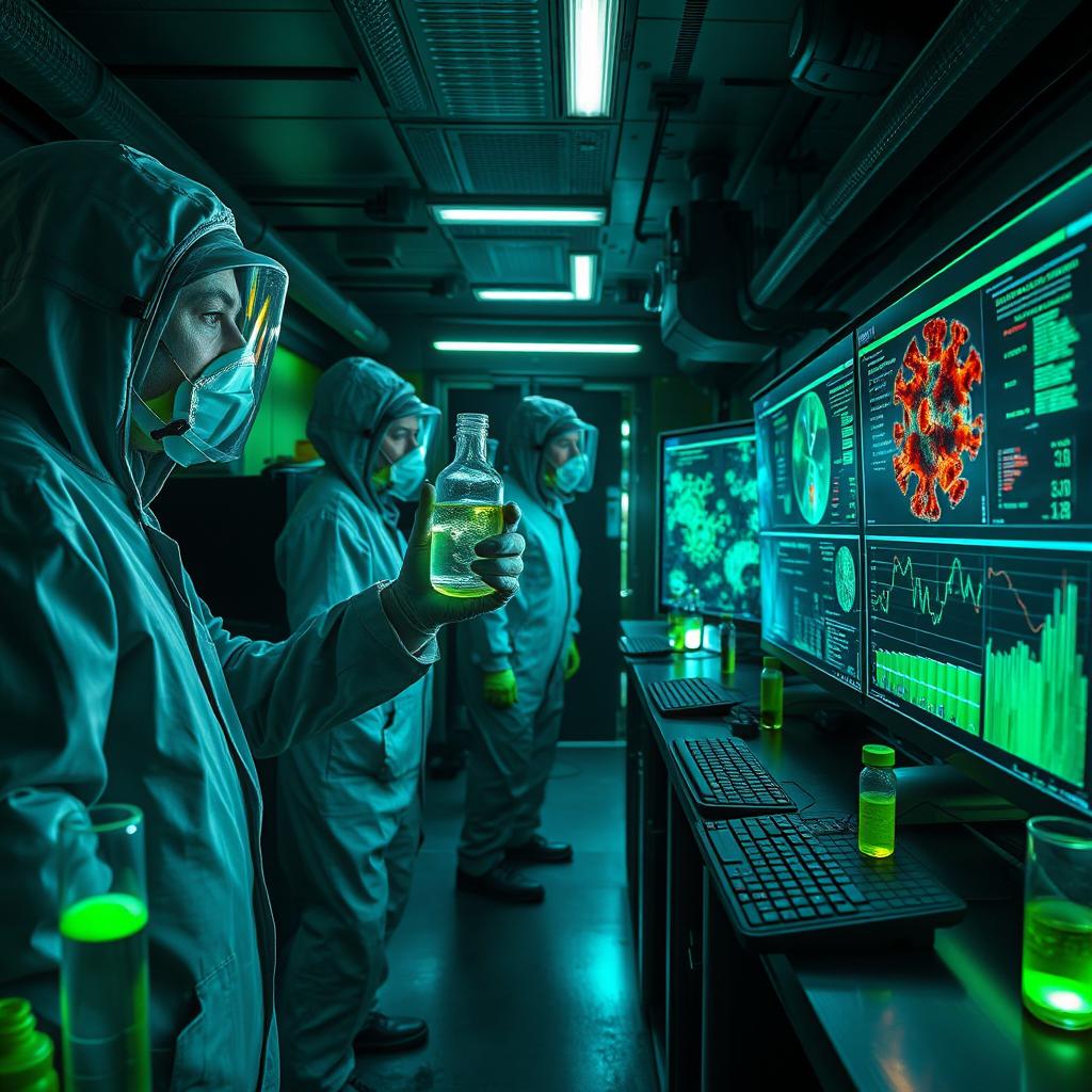 Inside a high-tech secret laboratory, a group of scientists clad in protective hazmat suits are focused intently on the creation of a dangerous zombie virus