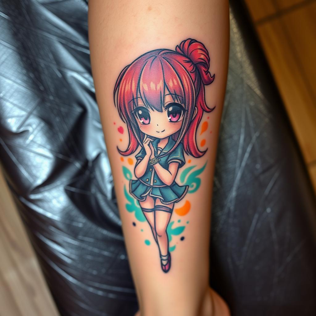 A beautiful anime girl tattoo design on a leg, featuring a cute character with vibrant hair and big expressive eyes, wearing a stylish outfit
