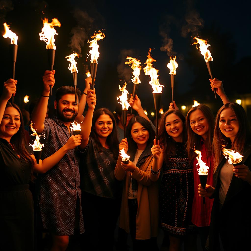 A group of people standing together in a celebratory moment, each person holding a glowing fire torch that illuminates their faces and surroundings